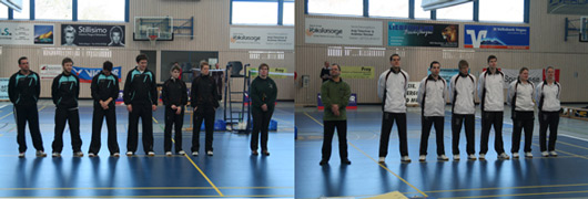 Mannschaftsvorstellung in der Goldbhlhalle TSV Neubiberg und 1. Mannschaft mit Schiedrichter Frederike und Hans Krieger